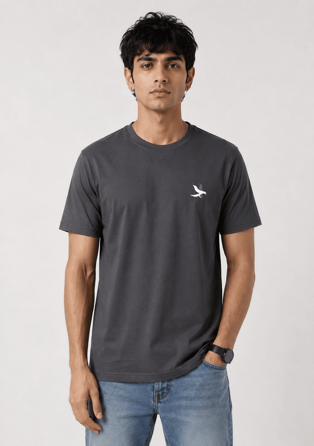 Model wearing the Dark Grey Signature Eagle regular-fit T-shirt, front view with the eagle chest mark